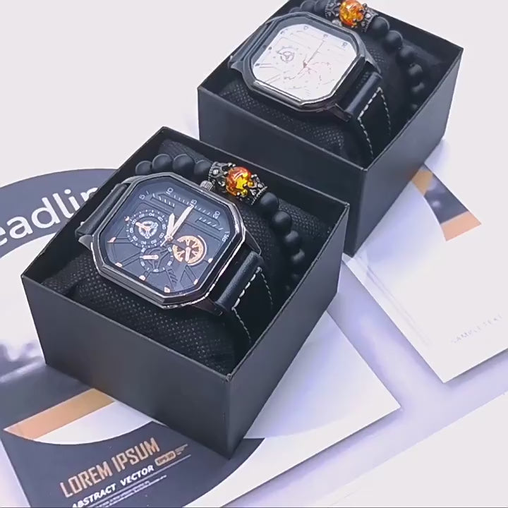 MULuxery Men’s Fashion Watch & Accessory Set - Trendy Leather Strap Quartz Watch for Students & Professionals