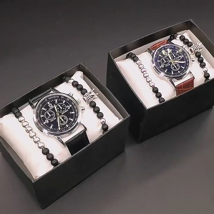 MULuxery Geneva Blue Light Mirror Business Watch Set - Luxury Quartz Wristwatch & Bracelet for Men