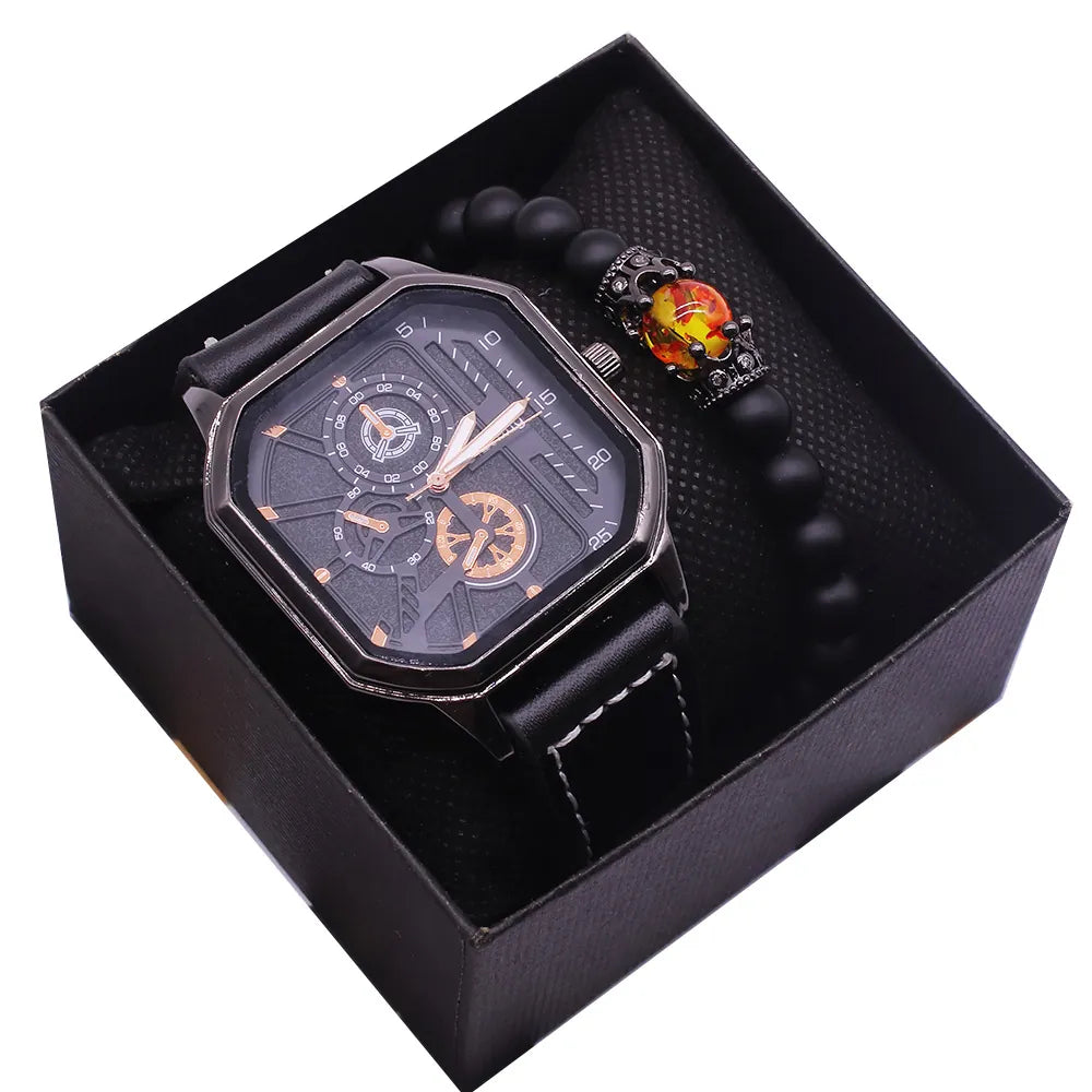 MULuxery Men’s Fashion Watch & Accessory Set - Trendy Leather Strap Quartz Watch for Students & Professionals