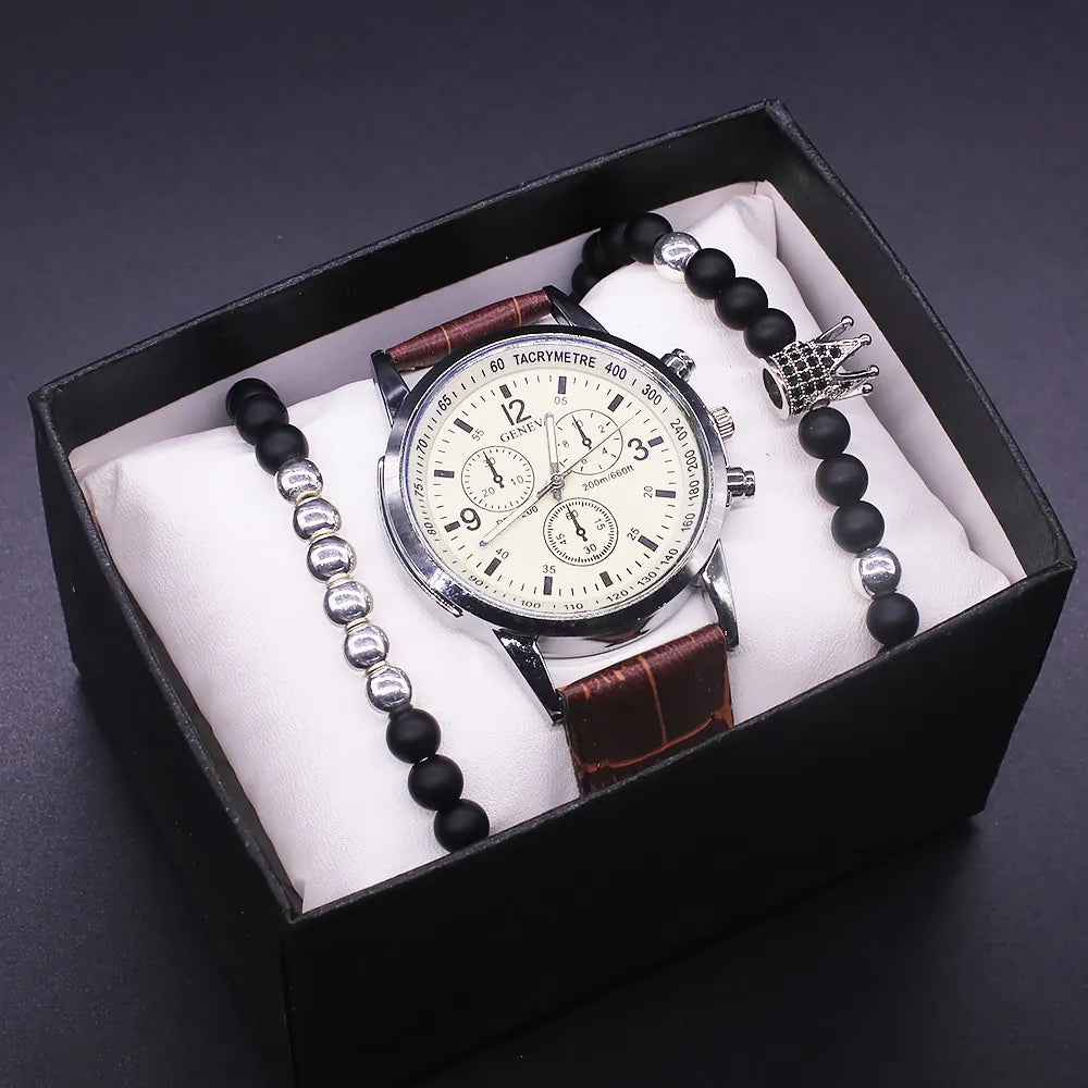 MULuxery Geneva Blue Light Mirror Business Watch Set - Luxury Quartz Wristwatch & Bracelet for Men