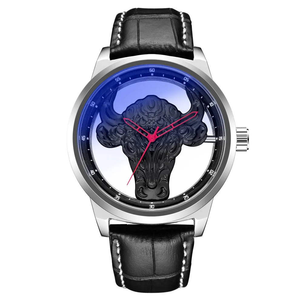 MULuxery "GB 922 Bull Series" - Luxury Transparent Quartz Watch with Blue Light Glass & Artistic Bull Head Design