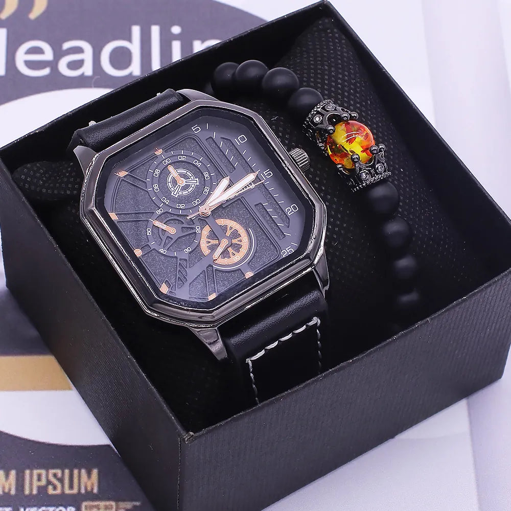 MULuxery Men’s Fashion Watch & Accessory Set - Trendy Leather Strap Quartz Watch for Students & Professionals