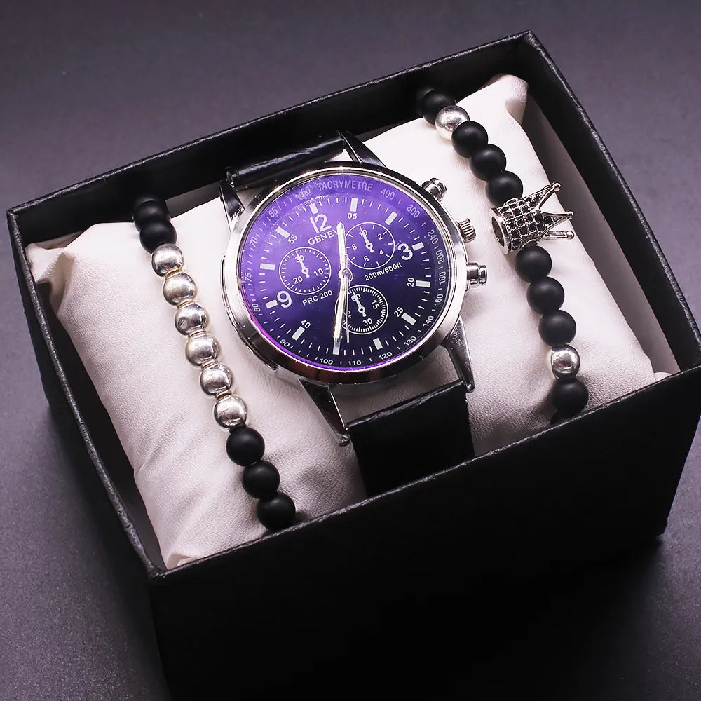 MULuxery Geneva Blue Light Mirror Business Watch Set - Luxury Quartz Wristwatch & Bracelet for Men