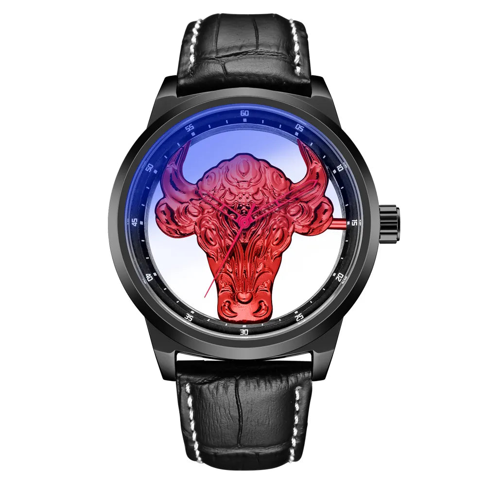 MULuxery "GB 922 Bull Series" - Luxury Transparent Quartz Watch with Blue Light Glass & Artistic Bull Head Design