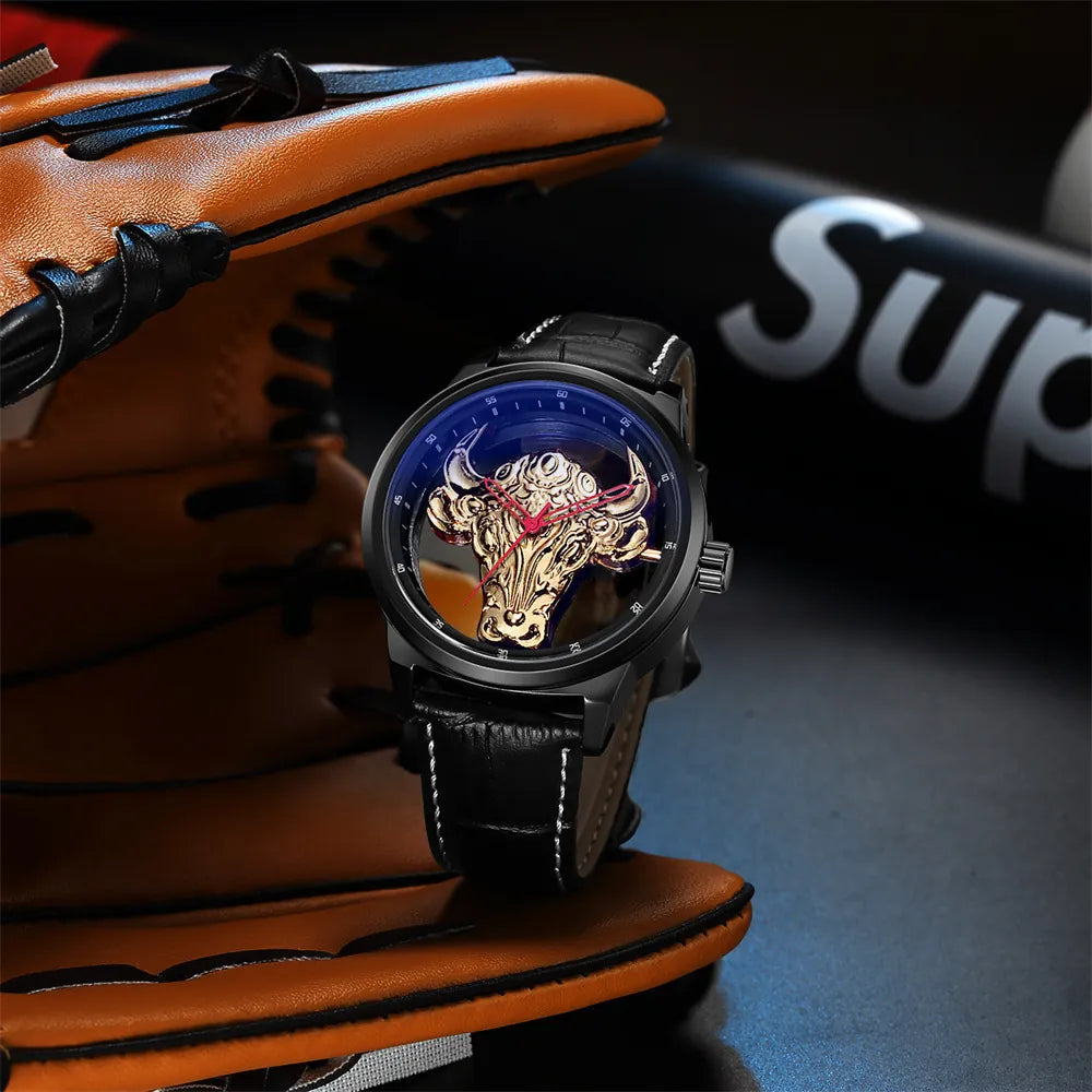 MULuxery "GB 922 Bull Series" - Luxury Transparent Quartz Watch with Blue Light Glass & Artistic Bull Head Design