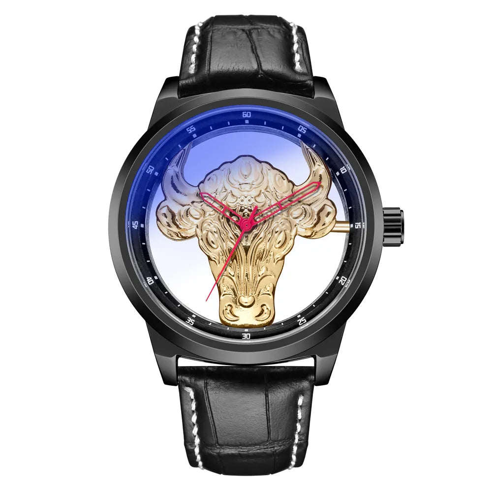 MULuxery "GB 922 Bull Series" - Luxury Transparent Quartz Watch with Blue Light Glass & Artistic Bull Head Design