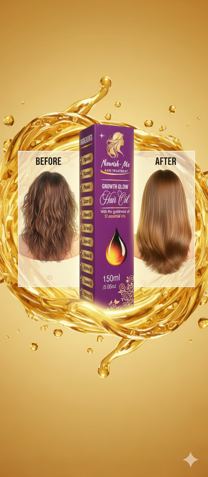 Nourish-Me Growth Glow Hair Oil | 12 Essential Oils Blend | 150ml
(Alternate premium option)
Nourish-Me Growth Glow Hair Oil – Peppermint, Rosemary & Herbal Oil Blend (150ml)