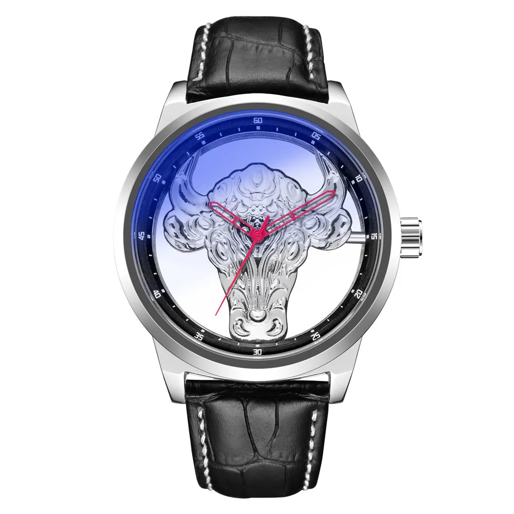 MULuxery "GB 922 Bull Series" - Luxury Transparent Quartz Watch with Blue Light Glass & Artistic Bull Head Design
