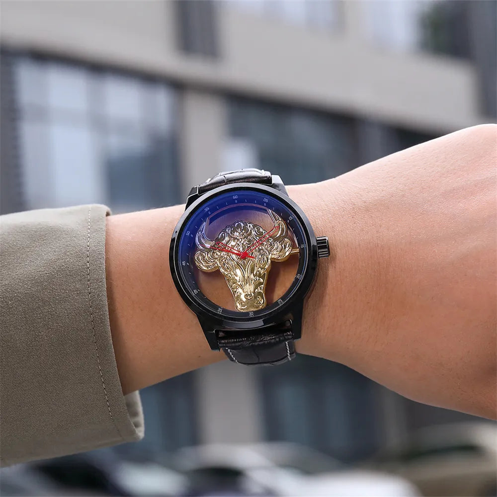 MULuxery "GB 922 Bull Series" - Luxury Transparent Quartz Watch with Blue Light Glass & Artistic Bull Head Design