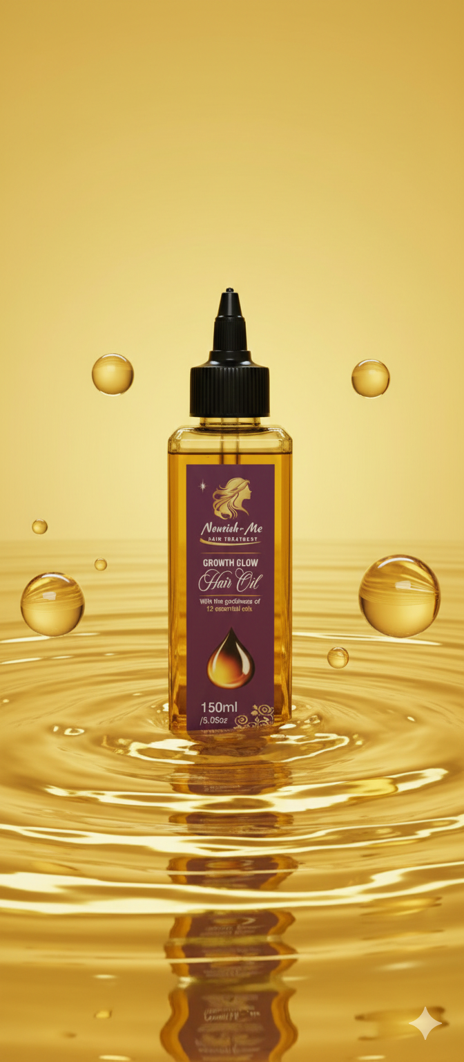 Nourish-Me Growth Glow Hair Oil | 12 Essential Oils Blend | 150ml
(Alternate premium option)
Nourish-Me Growth Glow Hair Oil – Peppermint, Rosemary & Herbal Oil Blend (150ml)