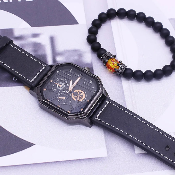 MULuxery Men’s Fashion Watch & Accessory Set - Trendy Leather Strap Quartz Watch for Students & Professionals