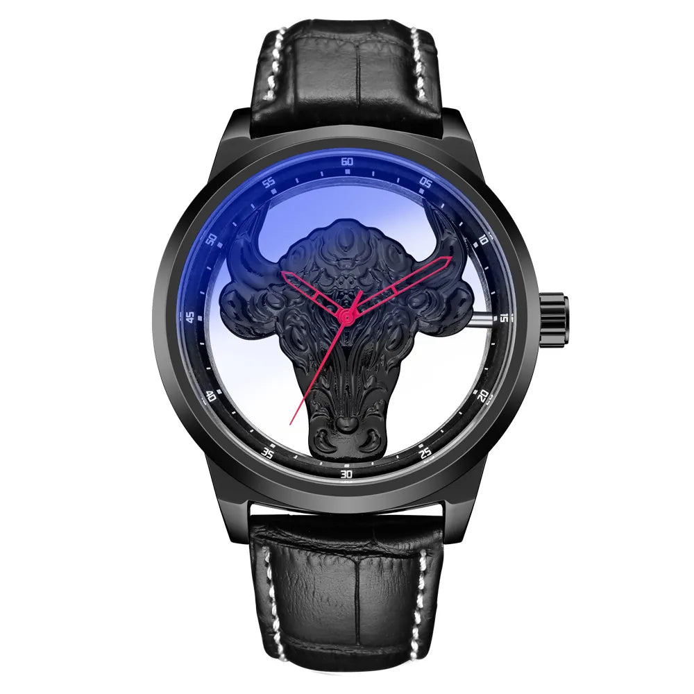MULuxery "GB 922 Bull Series" - Luxury Transparent Quartz Watch with Blue Light Glass & Artistic Bull Head Design