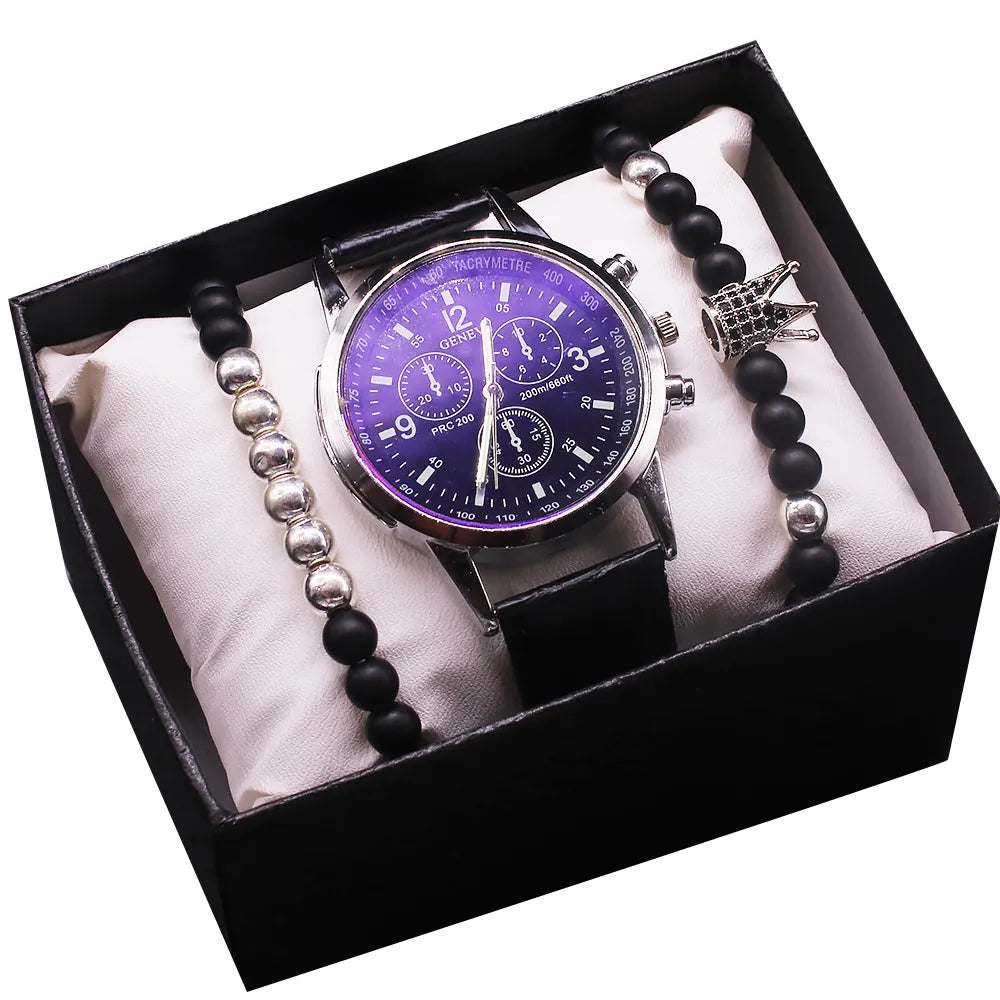 MULuxery Geneva Blue Light Mirror Business Watch Set - Luxury Quartz Wristwatch & Bracelet for Men