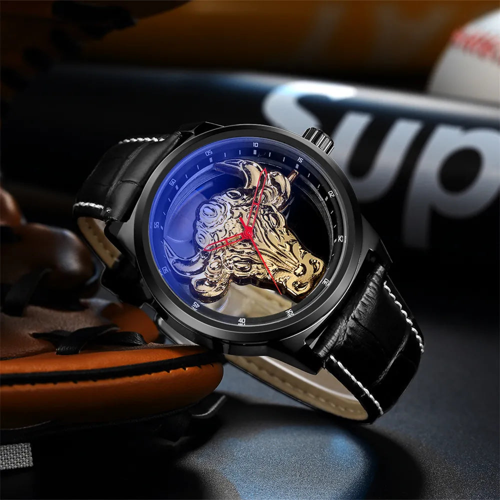 MULuxery "GB 922 Bull Series" - Luxury Transparent Quartz Watch with Blue Light Glass & Artistic Bull Head Design