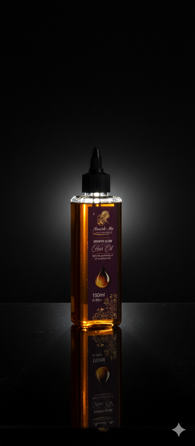 Nourish-Me Growth Glow Hair Oil | 12 Essential Oils Blend | 150ml
(Alternate premium option)
Nourish-Me Growth Glow Hair Oil – Peppermint, Rosemary & Herbal Oil Blend (150ml)